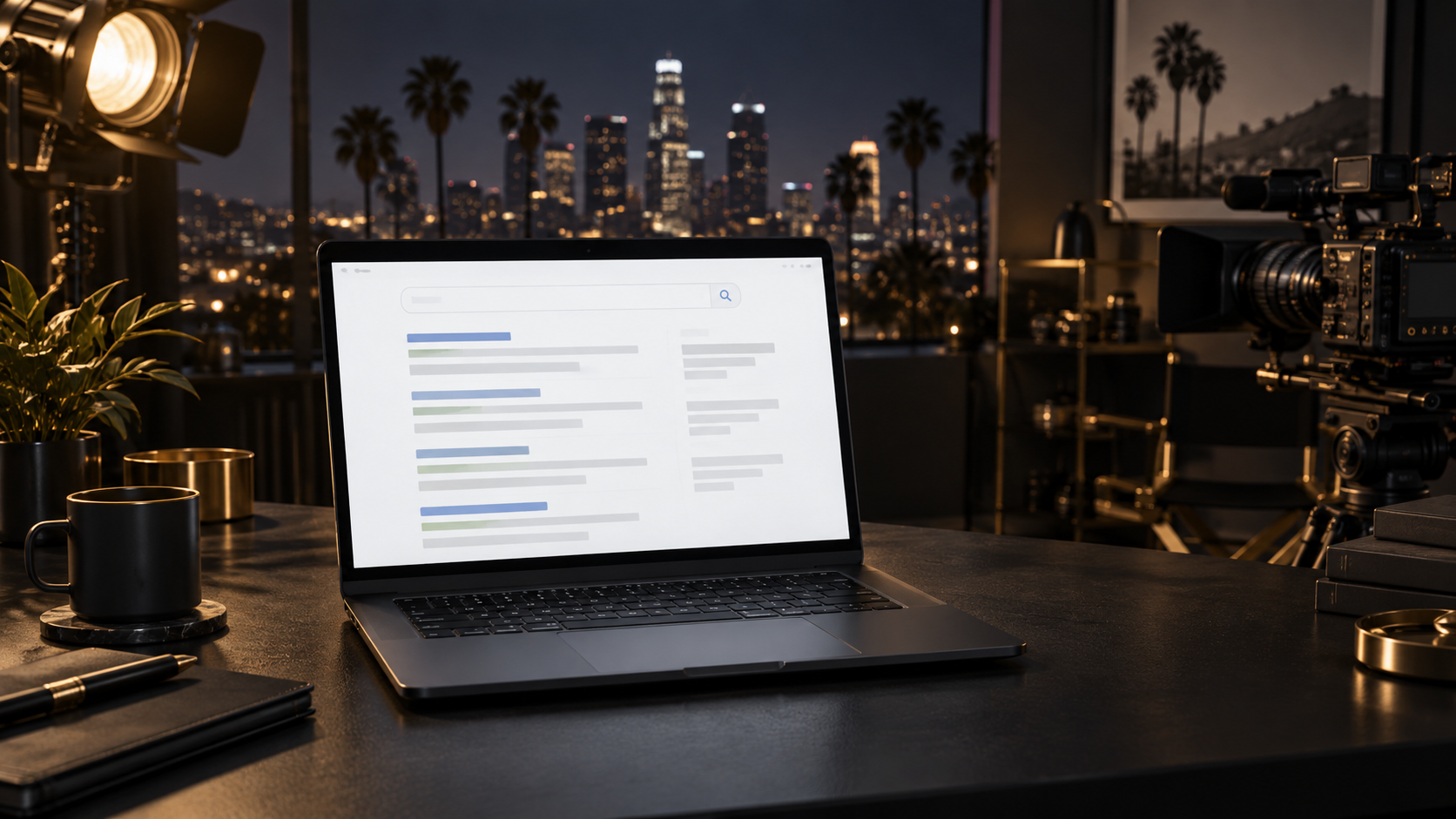 Laptop showing search results in a Los Angeles production studio
